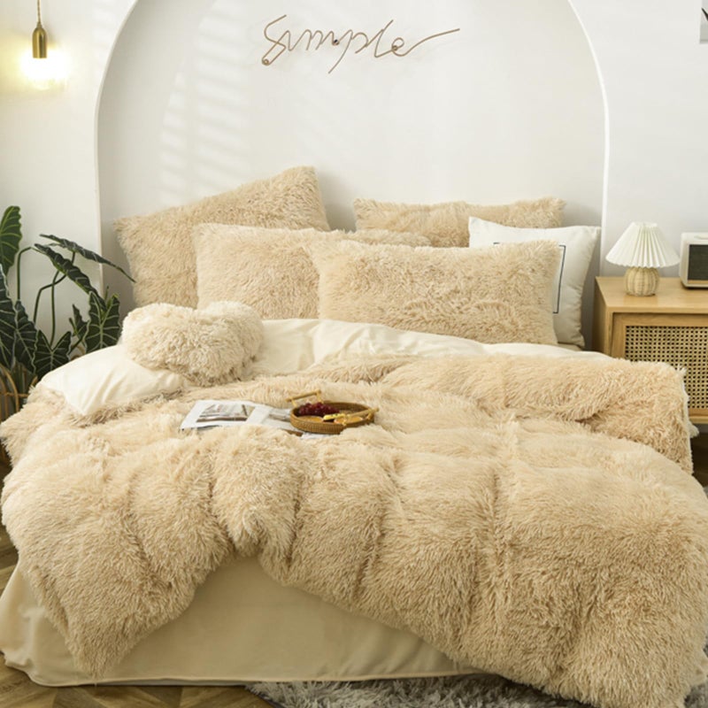 MorroMorn 5 PCS Shaggy Duvet Cover Bedding Set - Fluffy Comforter Cover Long Faux Fur Luxury Ultra Soft Cozy (Khaki, Full/Queen) - Image 1